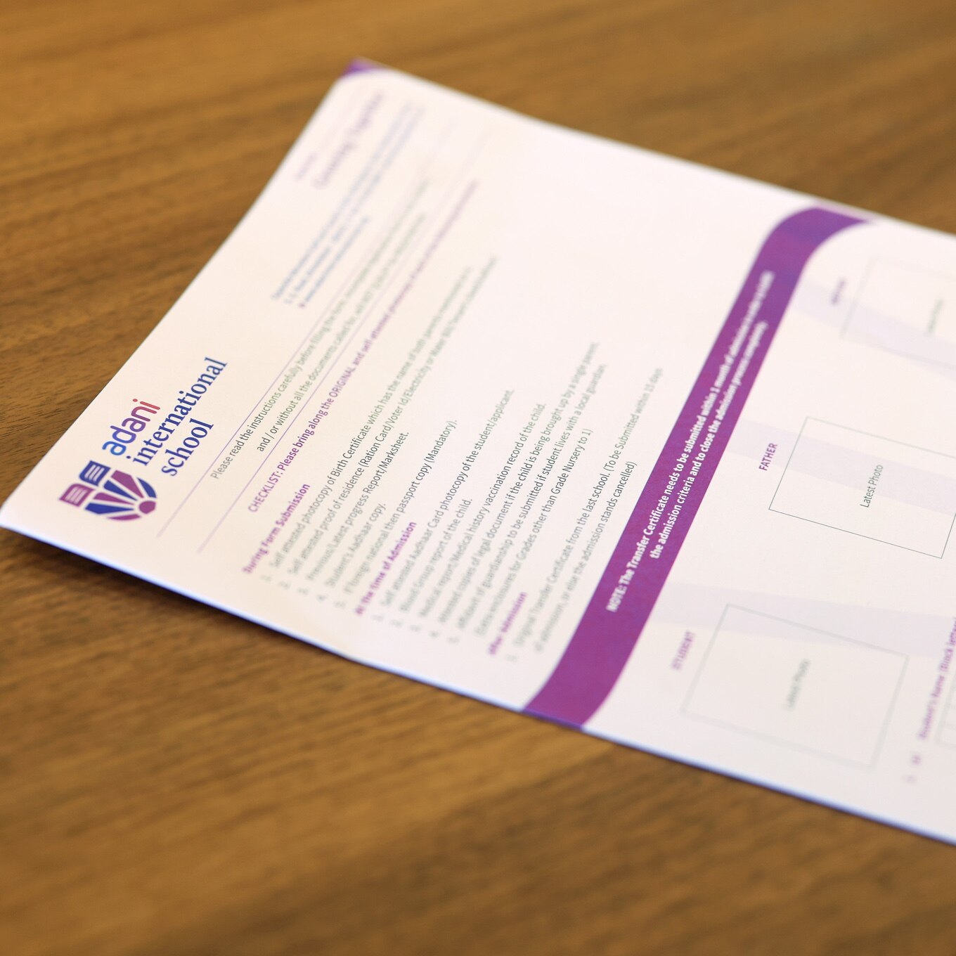 Adani International School's admission form