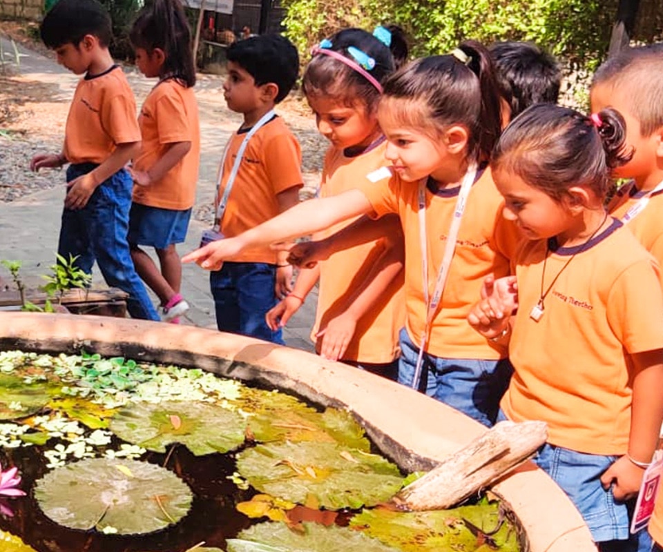 students around a water pond